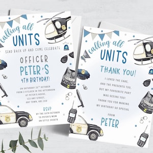 Police Birthday Invitation & Thank You Card, Editable Police Officer Invite, Policeman Printable Template, Calling All Units Invite FB72