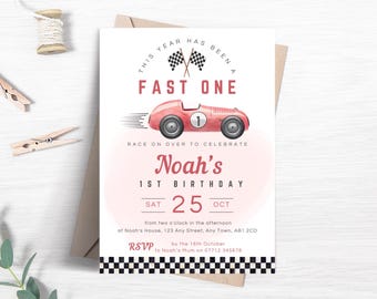 Fast One Birthday Invitation, Editable Racing Car Invite for 1st Birthday, Boys Red Vintage Race Car Themed Party Printable Template FB02