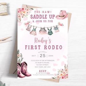 First Rodeo Birthday Invitation Template, 1st Rodeo Cowgirl Invitation, Wild West Invite, Girls 1st Birthday Party Printable Template FB64