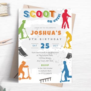 Scooter Birthday Invitation, Editable Stunt Scooter Party Invite for Boys and Girls, Printable Skate Park Party Template, Scoot On Over FB50