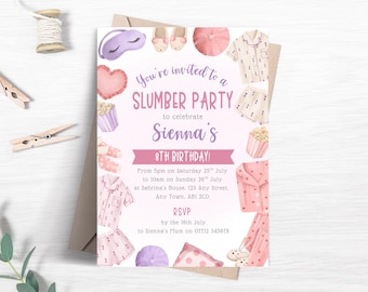 Girl's Slumber Party Birthday Invitation, Editable Pink Sleepover Invite for Girls, Sleep Party Theme Party Printable Template FB104