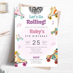 Let&#39;s Go Rolling Birthday Invitation, Editable Roller Skate Party Invite for Girls, Printable Roller Disco Skating Retro Theme Template FB30