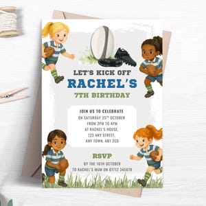 Girl’s Rugby Birthday Invitation, Editable Blue & White Sports Invite for Girls, Rugby Theme Party Printable Template FB91