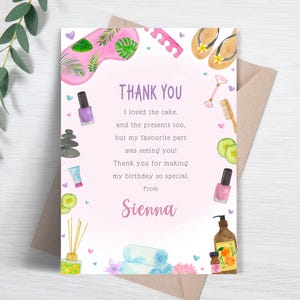 Carte de remerciement Spa Party pour fille, carte de remerciement tropicale rose modifiable pour les filles, modèle imprimable FB100