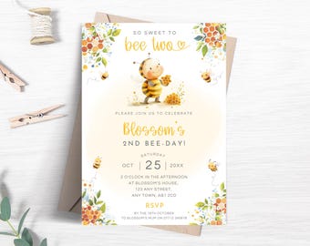 Bee Birthday Invitation,  Editable Sweet To Bee Two Party Invite, Honey Bee 2nd Birthday Invite, Bumble Bee Birthday Printable Template FB63