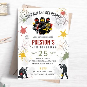 Paintball Birthday Invitation Template, Combat Party Invitation, Paintballing Invite, Boys Birthday Party Printable Template FB52
