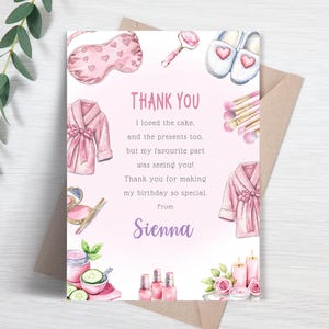 Carte de remerciement d'anniversaire pour fille au spa, rose modifiable pour les filles, merci pour les filles, modèle imprimable FB101