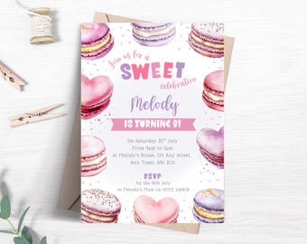 Sweet Celebration Birthday Party Invitation, Editable Macaron Invite, Girls Pink Sweet Macaroons Party Printable Template FB117