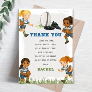 Girl’s Rugby Birthday Thank You Card, Editable Blue & White Sports Thanks for Girls, Rugby Theme Party Printable Template FB91