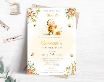 Bee Birthday Invitation,  Editable Sweet As Can Bee Party Invite, Honey Bee Birthday Invite, Bumble Bee Birthday Printable Template FB63