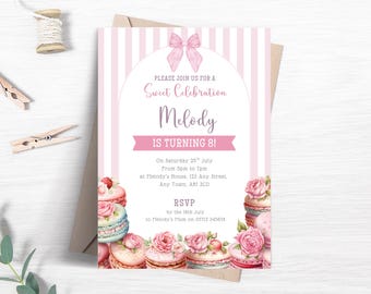 Sweet Celebration Birthday Party Invitation, Editable Macaron Invite, Girls Pink Stripe Macaroons Party Printable Template FB118