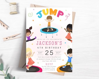 Invito di compleanno per bambini con trampolino, invito modificabile per parco giochi, modello stampabile per festa con castello gonfiabile FB44