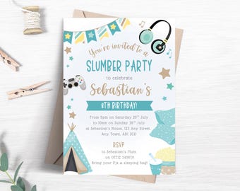 Boy's Slumber Party Birthday Invitation, Editable Blue Video Game Sleepover Invite for Boys, Teepee Party Theme Printable Template FB105