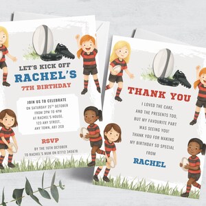 Girl’s Rugby Birthday Invitation & Thank You, Editable Red Navy Sports Invite and Thanks Girls, Rugby Theme Party Printable Template FB90