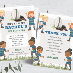 Girl’s Rugby Birthday Invitation & Thank You, Editable Green Blue Sports Invite Thanks for Girls, Rugby Theme Party Printable Template FB92