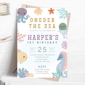 Oneder The Sea 1st Birthday Invitation, Editable Sea Creatures Party Invite, Ocean Animals Themed 1st Party Printable Template FB07