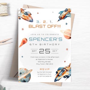 Space Rocket Birthday Invitation, Editable Outer Space Party Invite, Spaceship Theme Printable Invite, Blast Off Party Invite Template FB27