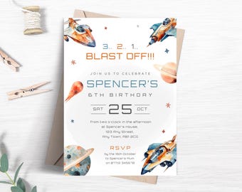 Space Rocket Birthday Invitation, Editable Outer Space Party Invite, Spaceship Theme Printable Invite, Blast Off Party Invite Template FB27
