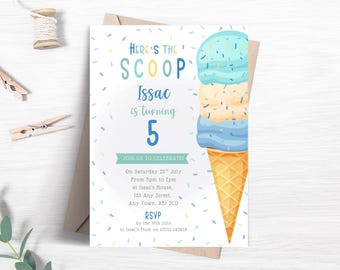 Ice Cream Birthday Party Invitation, Editable Here's The Scoop Ice Cream Cone Invite, Boys Sweet Summer Party Printable Template FB112