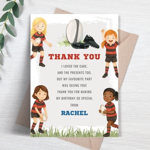 Girl’s Rugby Birthday Thank You Card, Editable Red & Navy Sports Thanks for Girls, Rugby Theme Party Printable Template FB90