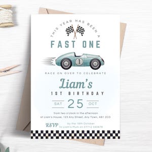 Fast One Birthday Invitation, Editable Racing Car Invite for 1st Birthday, Boys Blue Vintage Race Car Themed Party Printable Template FB01