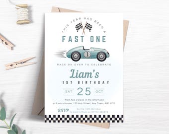 Fast One Birthday Invitation, Editable Racing Car Invite for 1st Birthday, Boys Blue Vintage Race Car Themed Party Printable Template FB01