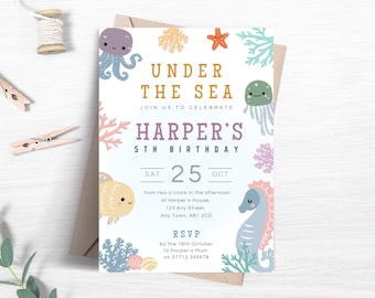 Invito di compleanno "Sotto il mare", invito modificabile per festa a tema creature marine, modello stampabile per festa a tema animali dell'oceano FB07