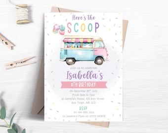 Invitación para fiesta de cumpleaños de camión de helados, editable, con la frase "Aquí tienes la primicia", plantilla imprimible con temática de fiesta de verano dulce FB110