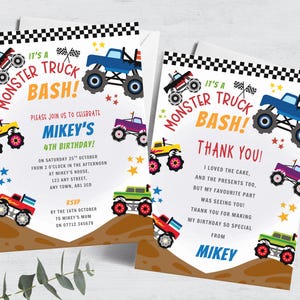 Monstertruck-Geburtstags-Einladung & vielen Dank, es ist ein Monstertruck-Bash! Bearbeitbare Monster Trucks Party Dankeskarte, druckbare Vorlage FB76