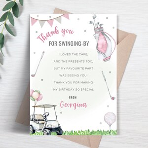 Meisjes golfbuggy verjaardagskaart, bewerkbare roze golfkar bedankt voor meisjes, golfer themafeest afdrukbare sjabloon FB98