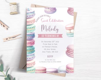 Sweet Celebration Birthday Party Invitation, Editable Pastel Macaron Stack Invite, Girls Pink Sweet Macaroons Party Printable Template FB119