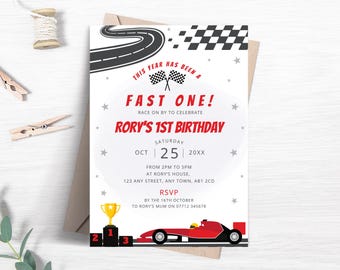 Fast One Birthday Invitation, Editable Red Race Car 1st Birthday Invite, First Birthday Party Invite, Racing Car Printable Template FB149