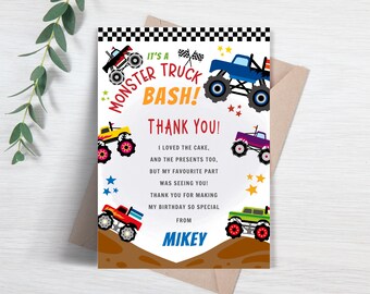 Puede incluir: Una colorida tarjeta de agradecimiento "Monster Truck Bash". La tarjeta presenta ilustraciones de monster trucks en varios colores, estrellas y el texto "Thank You!". La tarjeta está sobre un fondo blanco con un sobre marrón.