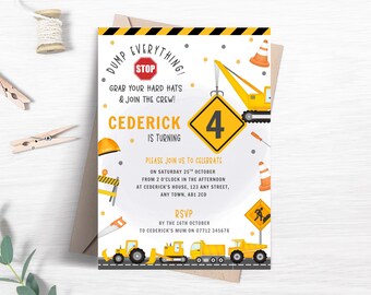 May include: Construction-themed birthday invitation with yellow and black accents. The invitation features a yellow number 4, construction vehicles, and the text "Dump Everything!" and "Cederick is Turning".
