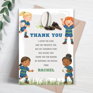 Carte de remerciement d'anniversaire rugby fille, vert et bleu modifiable Sports Merci pour les filles, modèle imprimable fête à thème rugby FB92