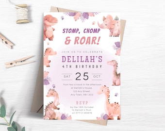 Verjaardagsuitnodiging roze dinosaurus, bewerkbare Stomp Chomp and Roar Dino-feestuitnodiging voor meisjes, afdrukbare schattige T-Rex themasjabloon FB51