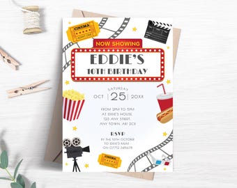 May include: A movie-themed birthday invitation with the text "Eddie's 10th Birthday". The invitation features a red and white marquee, film reel, popcorn, a drink, a hot dog, and a movie clapper. The invitation is on a white background.
