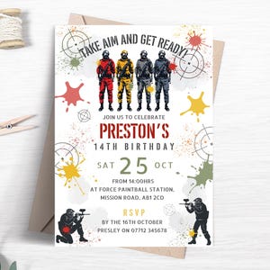 Paintball Birthday Party Invitation Template, Combat Birthday Invitation, Paint Ball Invite, Boys Birthday Party Printable Template FB52