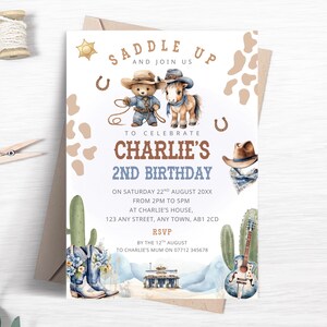 Cowboy Bear Birthday Party Invitation for Boys, Editable Blue Western Party Invite, Rodeo Theme Party Printable Template FB198