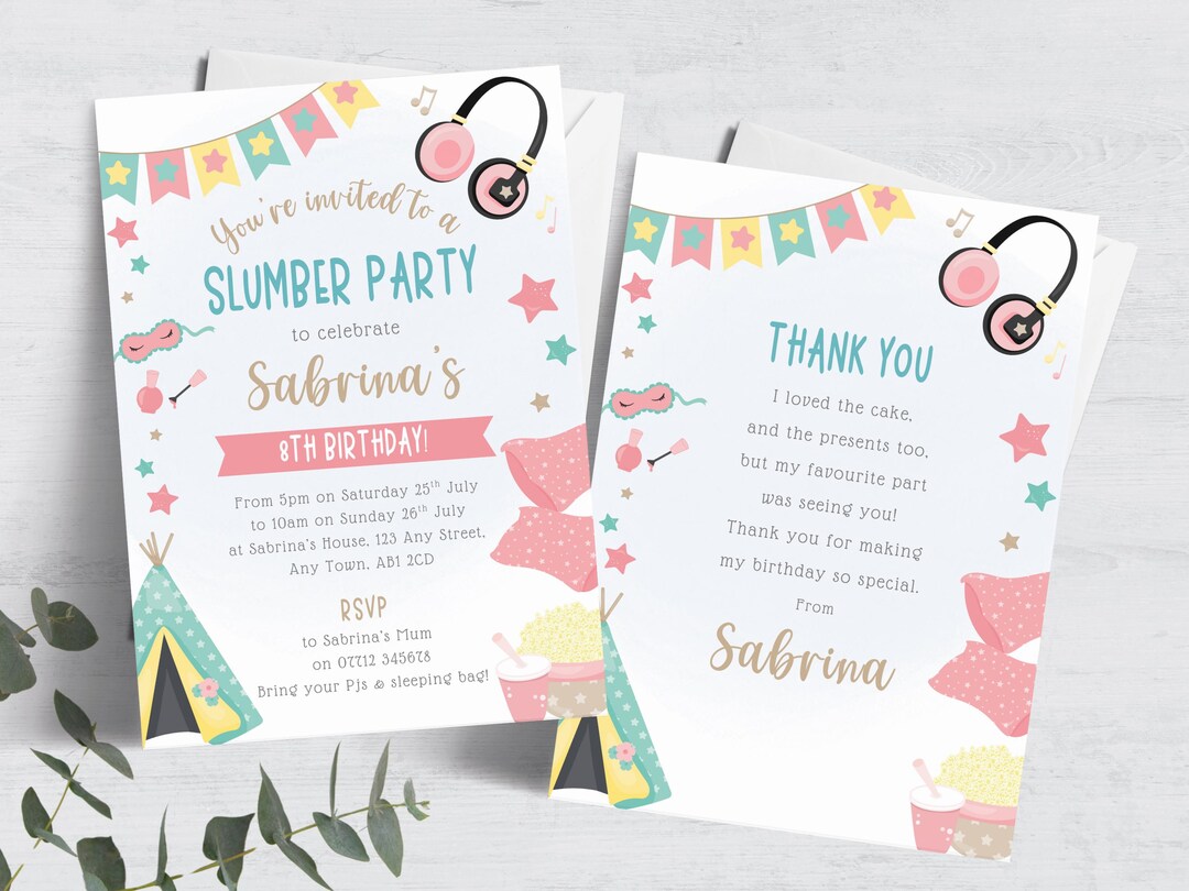 Girl's Slumber Party Birthday Invitation & Thank You Card, Editable ...