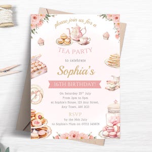 Editable Tea Party Birthday Invitation, Part-tea Invite, Whimsical Afternoon Tea, Pink and Gold High Tea Floral Invite Template FB120