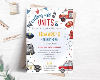 Emergency Vehicles Birthday Invitation, Editable First Responders Invite, Emergency Theme Printable Template, Calling All Units Invite FB74