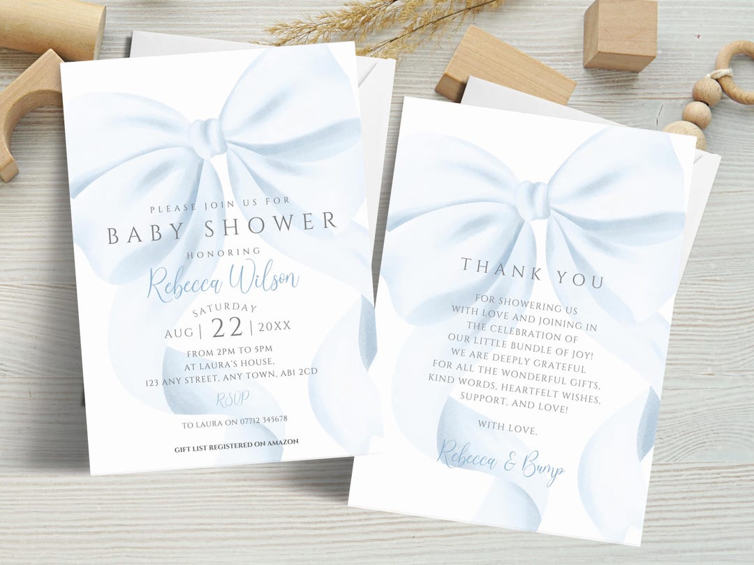 Editable Blue Bow Baby Shower Invitation & Thank You Card, Modern ...