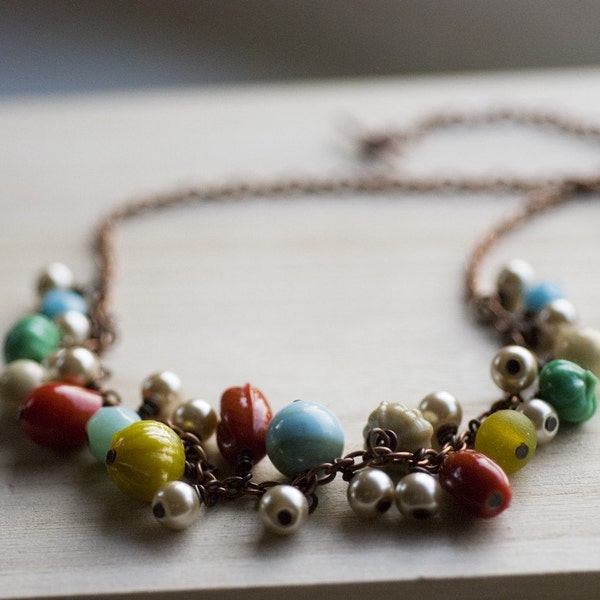 Rainbow necklace - handblown glass & vintage faux pearls