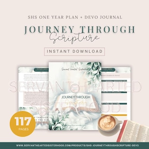 Könnte beinhalten: Ein digitales Download-Produkt mit dem Titel "Journey Through Scripture" mit floralem Design. Das Cover zeigt den Text "Servant Hearted Sisterhood" und "Sofort-Download". Das Bild enthält eine Kaffeetasse und ein offenes Buch.