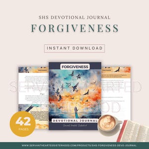 Könnte beinhalten: Devotional-Journal "Forgiveness" mit einem Cover, das fliegende Vögel zeigt. Das Journal umfasst 42 Seiten und ist als Sofort-Download erhältlich. Eine Kaffeetasse und ein offenes Buch sind ebenfalls zu sehen.