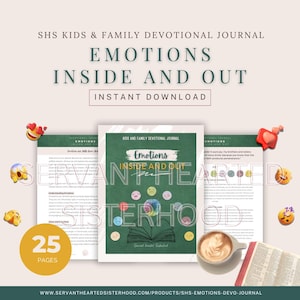 May include: A green and white printable journal cover with the title "Emotions Inside and Out" and the text "SHS Kids & Family Devotional Journal". The cover features a book with a green cover and a stack of colorful circles with different facial expressions.