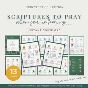 May include: A collection of 13 printable scripture art prints. The prints feature the text "Scriptures to Pray When You're Feeling..." and include illustrations and icons representing various emotions such as joy, sadness, and anger.