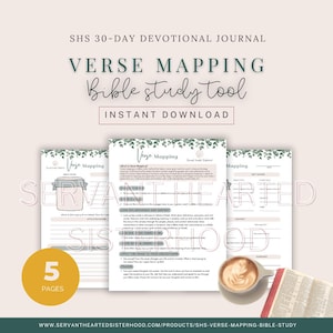 Peut inclure: Téléchargement numérique d'un outil d'étude biblique de cartographie de versets. La conception présente trois pages avec le titre "Verse Mapping" et le texte "Bible study tool, instant download". Une tasse de café et un livre sont également visibles.
