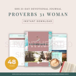 Puede incluir: Un diario devocional titulado "Proverbios 31 Woman" con una portada rosa y el texto "Descarga instantánea". La imagen incluye una pila de páginas, una taza de café y un libro abierto. El diario tiene 48 páginas.